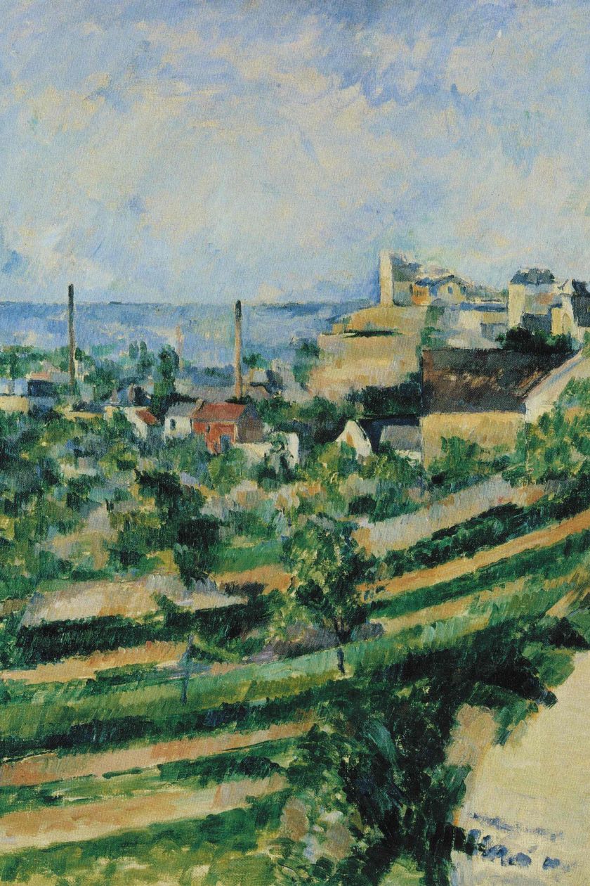 Gemälde mit Blick auf L’Estaque: Häuser, grüne Bäume und Felder vor dem blauen Meer.