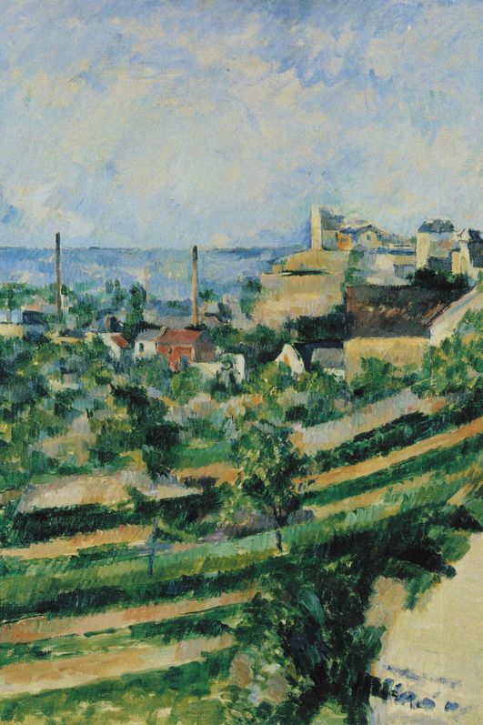 Gemälde mit Blick auf L’Estaque: Häuser, grüne Bäume und Felder vor dem blauen Meer.
