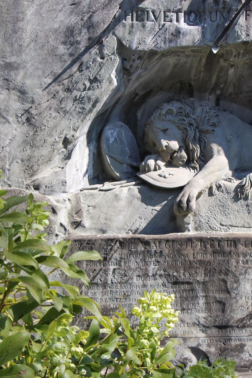 In den Fels gehauenes Relief des Löwendenkmals in Luzern: Ein Löwe liegt in einer Felsnische, umgeben von lateinischen Inschriften mit den Namen der Gefallenen.